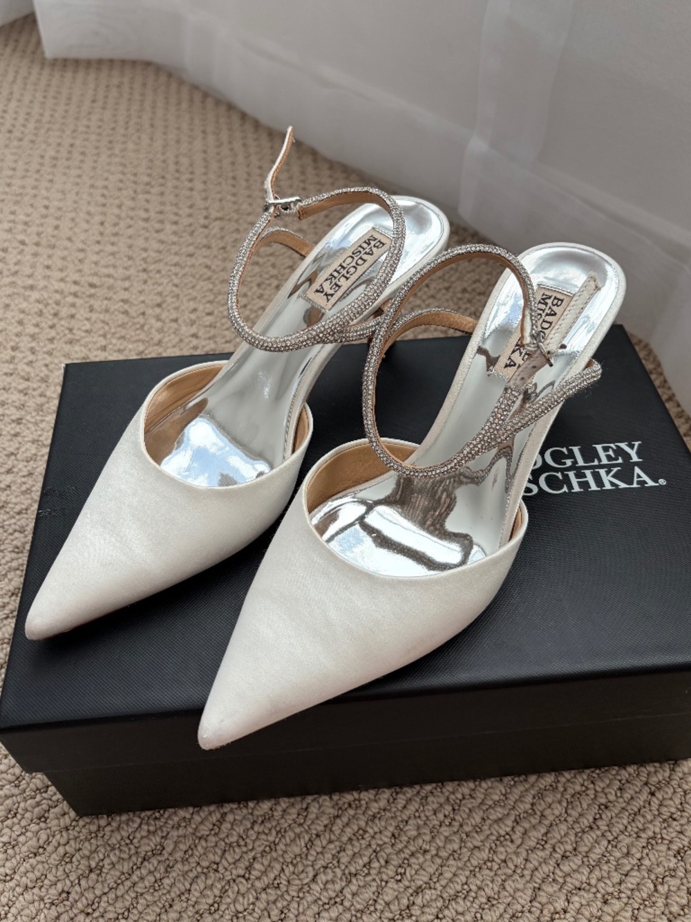 Badgley Mischka - White Satin Pointed Toe Ankle-Strap Heels